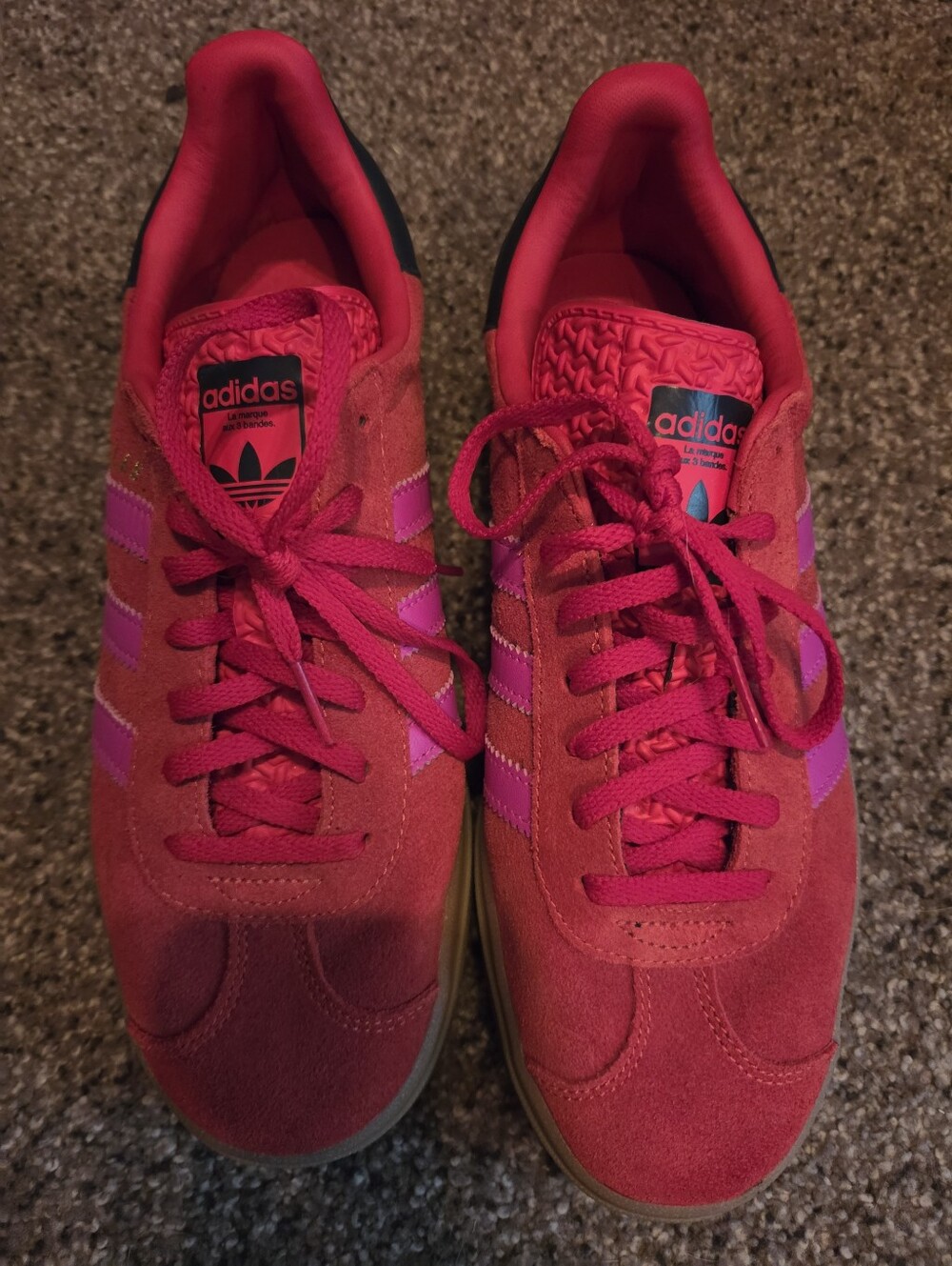 Adidas Red Suede Sneakers with Pink Stripes